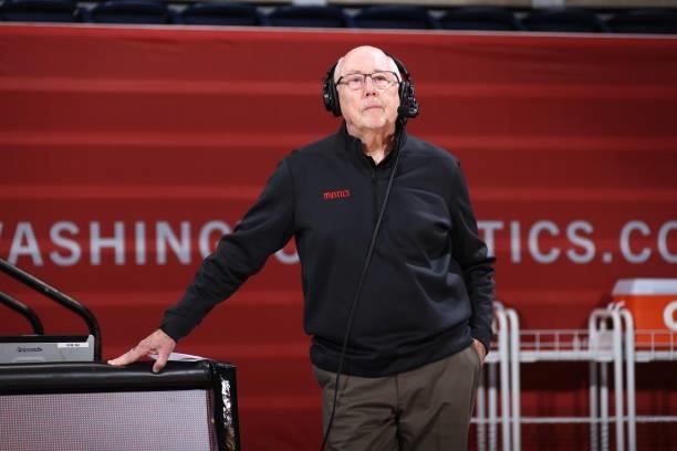 Head Coach Mike Thibault of the Washington Mystics talks with the media after the game against the Atlanta Dream on June 17, 2021 at Entertainment &...