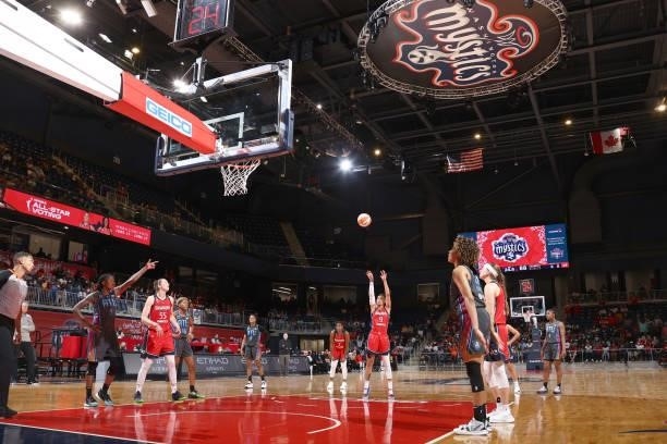Natasha Cloud of the Washington Mystics shoots a free throw against the Atlanta Dream on June 17, 2021 at Entertainment & Sports Arena in Washington,...