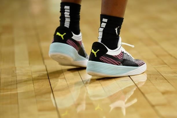 The sneakers worn by Jackie Young of the Las Vegas Aces during the game against the New York Liberty on June 17, 2021 at Michelob ULTRA Arena in Las...