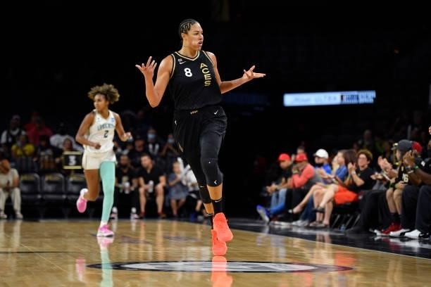 Liz Cambage of the Las Vegas Aces celebrates during the game against the New York Liberty on June 17, 2021 at Michelob ULTRA Arena in Las Vegas,...