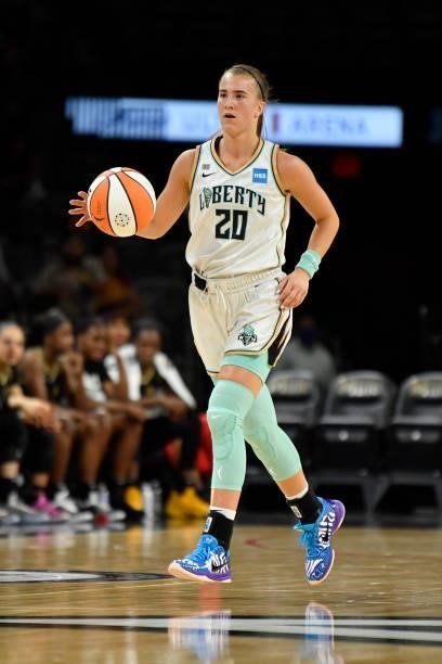Sabrina Ionescu of the New York Liberty dribbles the ball during the game against the Las Vegas Aces on June 17, 2021 at Michelob ULTRA Arena in Las...