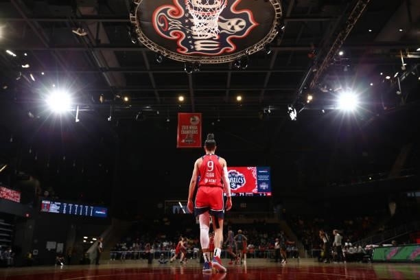 Natasha Cloud of the Washington Mystics looks on during the game against the Atlanta Dream on June 17, 2021 at Entertainment & Sports Arena in...