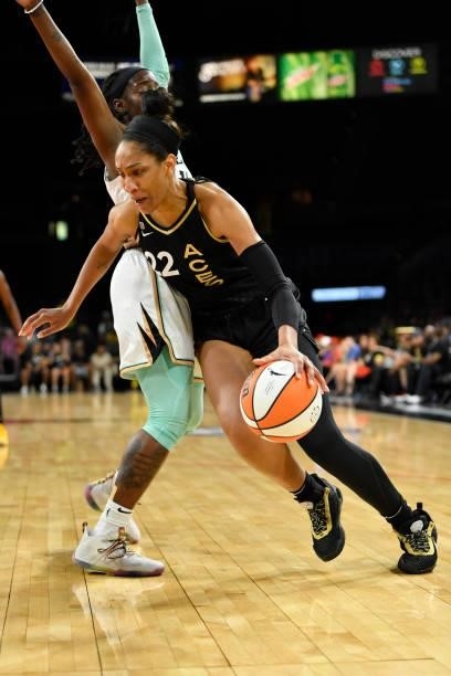 Ja Wilson of the Las Vegas Aces drives to the basket during the game against the New York Liberty on June 17, 2021 at Michelob ULTRA Arena in Las...