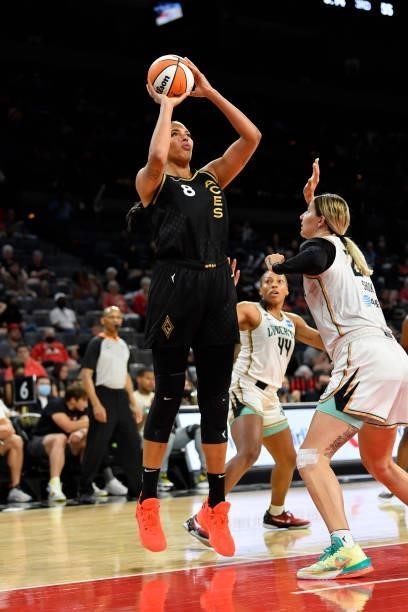Liz Cambage of the Las Vegas Aces shoots the ball during the game against the New York Liberty on June 17, 2021 at Michelob ULTRA Arena in Las Vegas,...