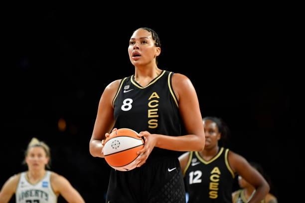 Liz Cambage of the Las Vegas Aces shoots a free throw during the game against the New York Liberty on June 17, 2021 at Michelob ULTRA Arena in Las...