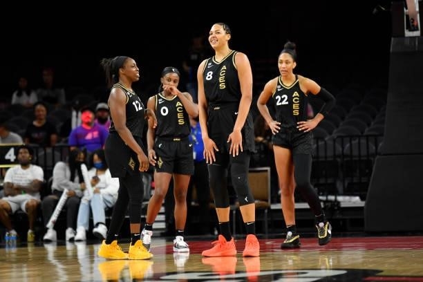 Liz Cambage of the Las Vegas Aces and Chelsea Gray of the Las Vegas Aces smile during the game against the New York Liberty on June 17, 2021 at...