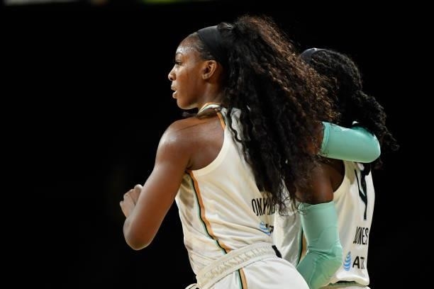 Michaela Onyenwere of the New York Liberty hugs Jazmine Jones of the New York Liberty during the game against the Las Vegas Aces on June 17, 2021 at...