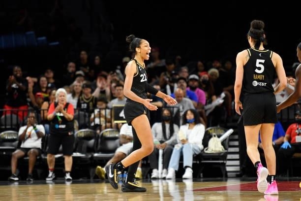 Ja Wilson of the Las Vegas Aces celebrates during the game against the New York Liberty on June 17, 2021 at Michelob ULTRA Arena in Las Vegas,...