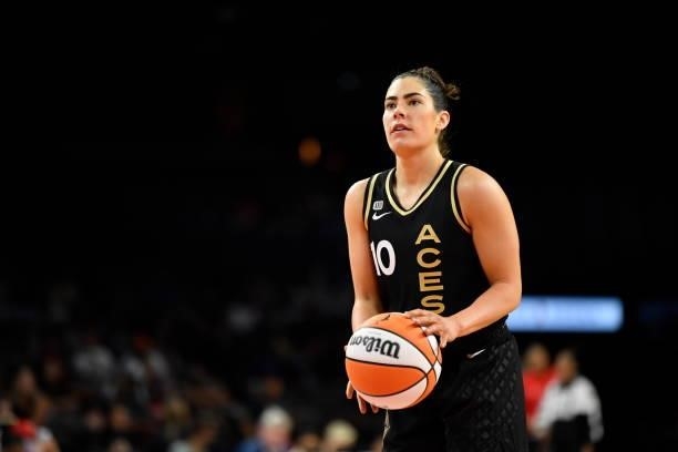 Kelsey Plum of the Las Vegas Aces shoots a free throw during the game against the New York Liberty on June 17, 2021 at Michelob ULTRA Arena in Las...