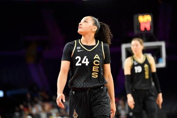 Destiny Slocum of the Las Vegas Aces looks on during the game against the New York Liberty on June 17, 2021 at Michelob ULTRA Arena in Las Vegas,...