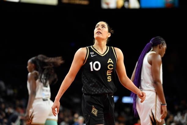 Kelsey Plum of the Las Vegas Aces looks on during the game against the New York Liberty on June 17, 2021 at Michelob ULTRA Arena in Las Vegas,...