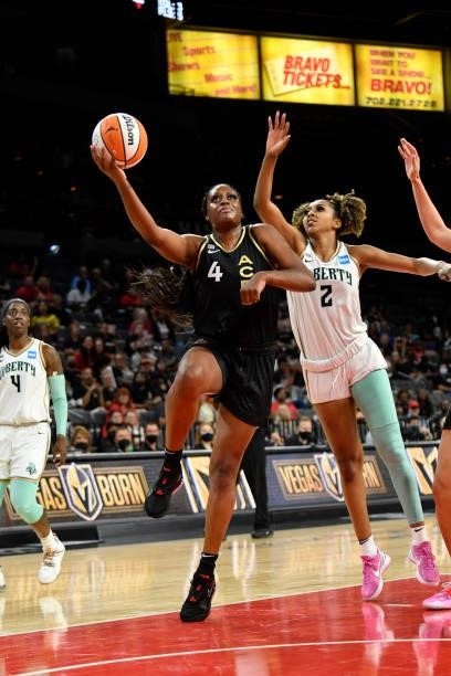 Joyner Holmes of the Las Vegas Aces drives to the basket during the game against the New York Liberty on June 17, 2021 at Michelob ULTRA Arena in Las...