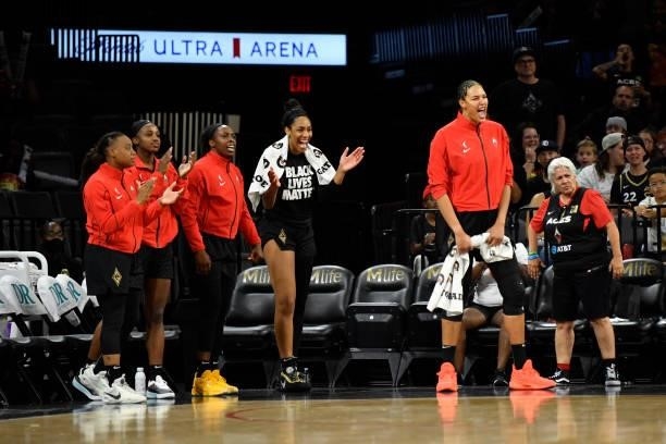The Las Vegas Aces celebrate during the game against the New York Liberty on June 17, 2021 at Michelob ULTRA Arena in Las Vegas, Nevada. NOTE TO...