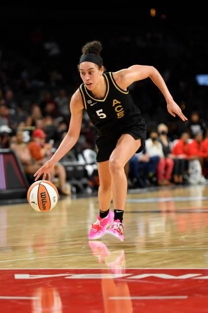 Dearica Hamby of the Las Vegas Aces drives to the basket during the game against the New York Liberty on June 17, 2021 at Michelob ULTRA Arena in Las...