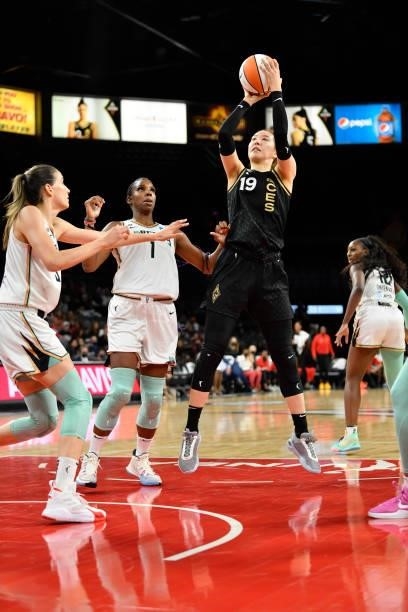 JiSu Park of the Las Vegas Aces shoots the ball during the game against the New York Liberty on June 17, 2021 at Michelob ULTRA Arena in Las Vegas,...