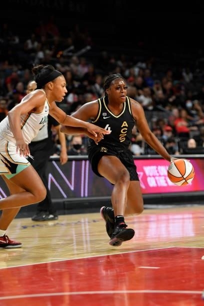 Joyner Holmes of the Las Vegas Aces drives to the basket during the game against the New York Liberty on June 17, 2021 at Michelob ULTRA Arena in Las...