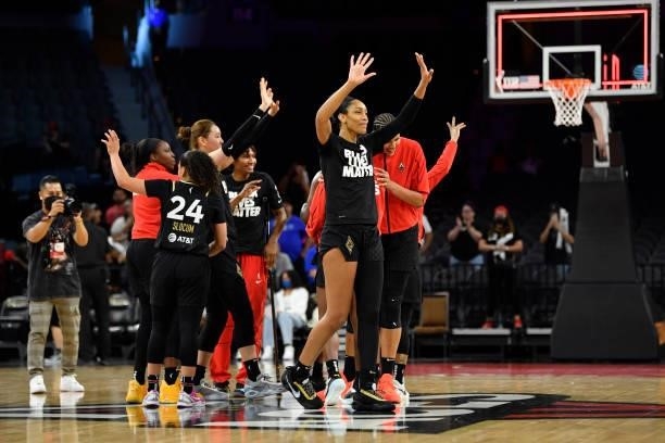 The Las Vegas Aces wave to fans after the game against the New York Liberty on June 17, 2021 at Michelob ULTRA Arena in Las Vegas, Nevada. NOTE TO...