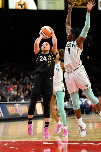 Destiny Slocum of the Las Vegas Aces shoots the ball during the game against the New York Liberty on June 17, 2021 at Michelob ULTRA Arena in Las...