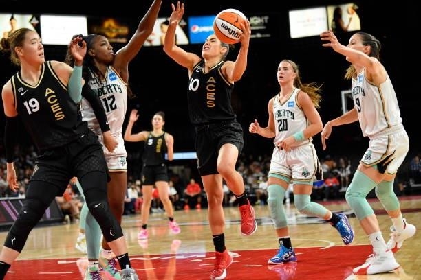 Kelsey Plum of the Las Vegas Aces shoots the ball during the game against the New York Liberty on June 17, 2021 at Michelob ULTRA Arena in Las Vegas,...