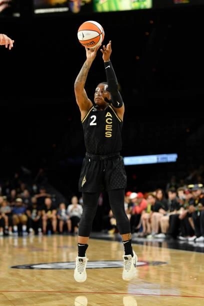 Riquna Williams of the Las Vegas Aces shoots a three point basket during the game against the New York Liberty on June 17, 2021 at Michelob ULTRA...