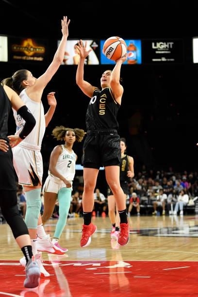 Kelsey Plum of the Las Vegas Aces shoots the ball during the game against the New York Liberty on June 17, 2021 at Michelob ULTRA Arena in Las Vegas,...