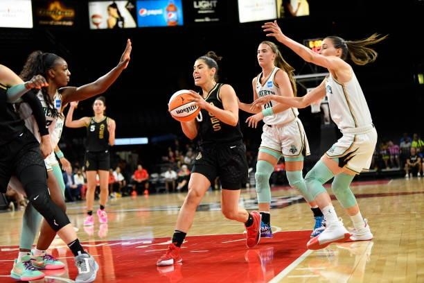 Kelsey Plum of the Las Vegas Aces drives to the basket during the game against the New York Liberty on June 17, 2021 at Michelob ULTRA Arena in Las...