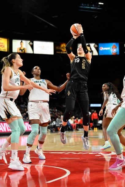JiSu Park of the Las Vegas Aces shoots the ball during the game against the New York Liberty on June 17, 2021 at Michelob ULTRA Arena in Las Vegas,...