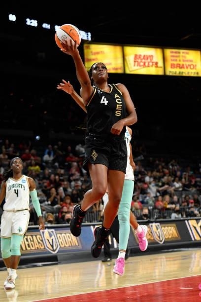 Joyner Holmes of the Las Vegas Aces shoots the ball during the game against the New York Liberty on June 17, 2021 at Michelob ULTRA Arena in Las...