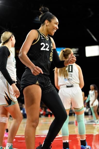 Ja Wilson of the Las Vegas Aces celebrates during the game against the New York Liberty on June 17, 2021 at Michelob ULTRA Arena in Las Vegas,...