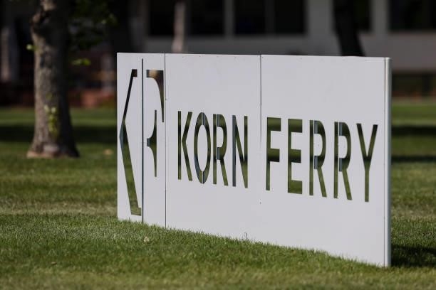 Korn Ferry signage is seen during the first round of the Wichita Open Benefitting KU Wichita Pediatrics at Crestview Country Club on June 17, 2021 in...