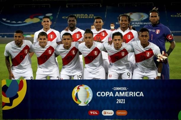 Peru team group pose ,during the match between Brazil and Peru as part of Conmebol Copa America Brazil 2021 at Estadio Olímpico Nilton Santos on June...