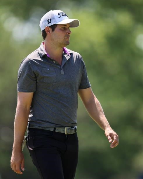 Peter Uihlein looks on from the 10th tee during the first round of the Wichita Open Benefitting KU Wichita Pediatrics at Crestview Country Club on...