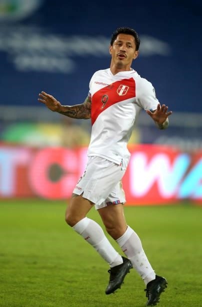 Gianluca Lapadula of Peru in action ahead of the match between Brazil and Peru as part of Conmebol Copa America Brazil 2021 at Estadio Olímpico...