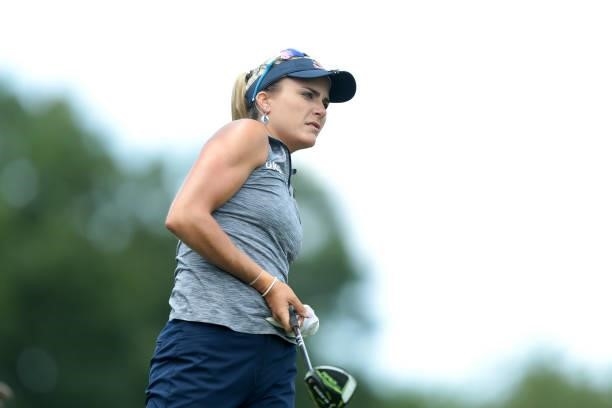 Lexi Thompson os the USA follows her tee shot on the second hole during the first round of the Meijer LPGA Classic for Simply Give golf tournament at...