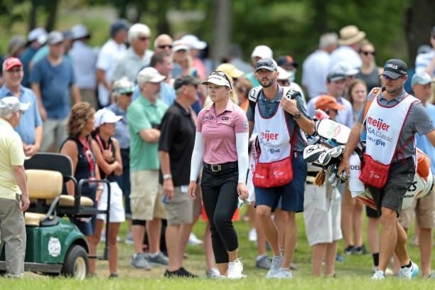 Brooke Henderson of Canada walks toward the 17th hole during the first round of the Meijer LPGA Classic for Simply Give golf tournament at...