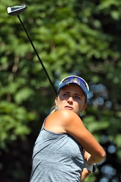 Lexi Thompson of Delray Beach, Florida follows her shot from the 4th tee during the first round of the Meijer LPGA Classic golf tournament at...