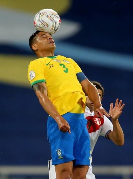 Thiago Silva of Brazil head the ball against Aldo Corzo of Peru during the match between Brazil and Peru as part of the Conmebol Copa America Brazil...