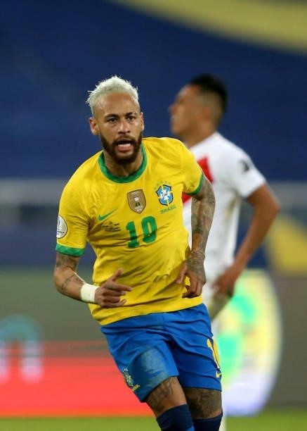 Neymar of Brazil celebrates after scoring a goal during the match between Brazil and Peru as part of the Conmebol Copa America Brazil 2021 at Estadio...