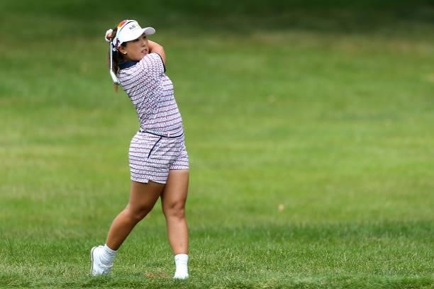 Jiwon Jeon of the Republic of Korea hits to the green on the 8th fairway during the first round of the Meijer LPGA Classic golf tournament at...