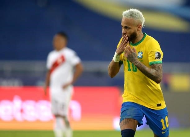 Neymar of Brazil celebrates after scores his gol during the match between Brazil and Peru as part of the Conmebol Copa America Brazil 2021 at Estadio...