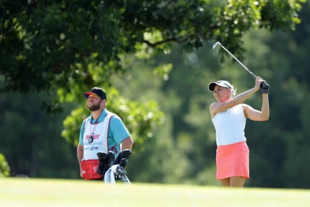Ryann O'Toole follows her fairway shot on the 9th hole during the first round of the Meijer LPGA Classic for Simply Give golf tournament at...