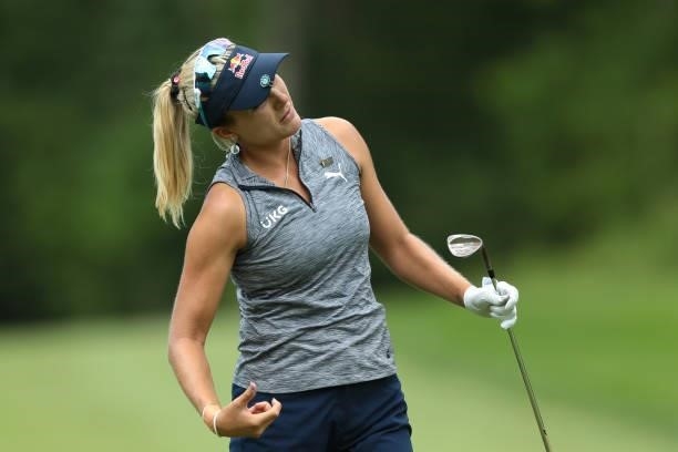 Lexi Thompson os the USA reacts to her shot on the 16th fairway during the first round of the Meijer LPGA Classic for Simply Give golf tournament at...