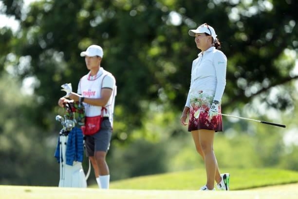 Anne Park follows her fairway shot on the 9th hole during the first round of the Meijer LPGA Classic for Simply Give golf tournament at Blythefield...