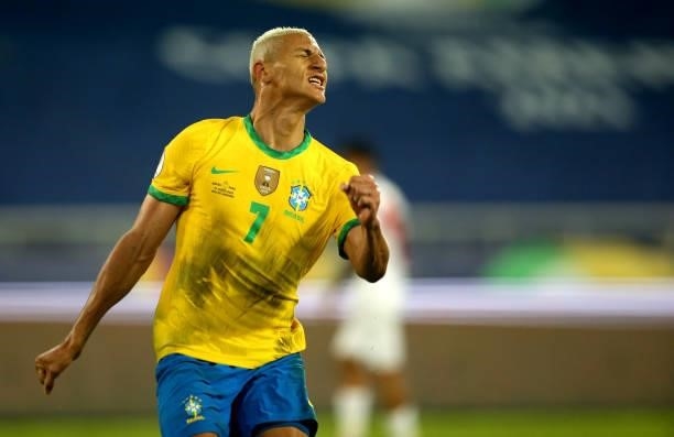Richarlison of Brazil celebrates after scores his goal during the match between Brazil and Peru as part of Conmebol Copa America Brazil 2021 at...