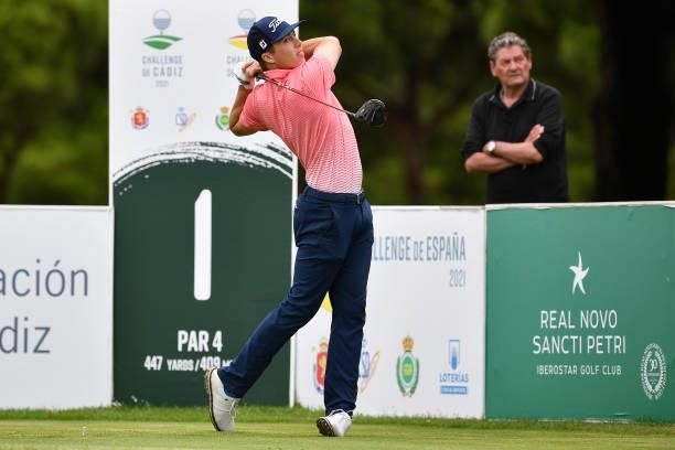 Chase Hanna of the United States tees off on the first hole during Day Four of the Challenge de Espana at Iberostar Real Club de Golf Novo Sancti...