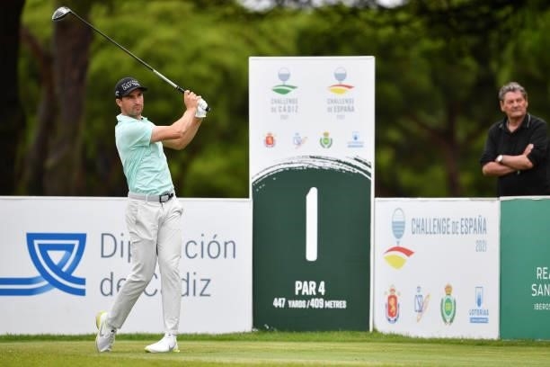 Frederic Lacroix of France tees off on the first hole during Day Four of the Challenge de Espana at Iberostar Real Club de Golf Novo Sancti Petri on...