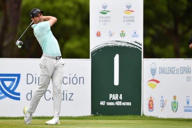 Frederic Lacroix of France tees off on the first hole during Day Four of the Challenge de Espana at Iberostar Real Club de Golf Novo Sancti Petri on...