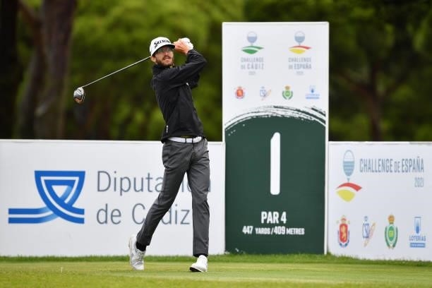 Lucas Vacarisas of Spain tees off on the first hole during Day Four of the Challenge de Espana at Iberostar Real Club de Golf Novo Sancti Petri on...