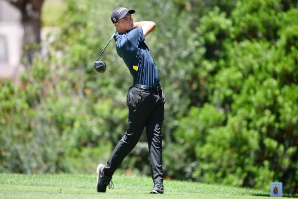 Daniel Hillier of New Zealand tees off on the twelfth hole during Day Four of the Challenge de Espana at Iberostar Real Club de Golf Novo Sancti...