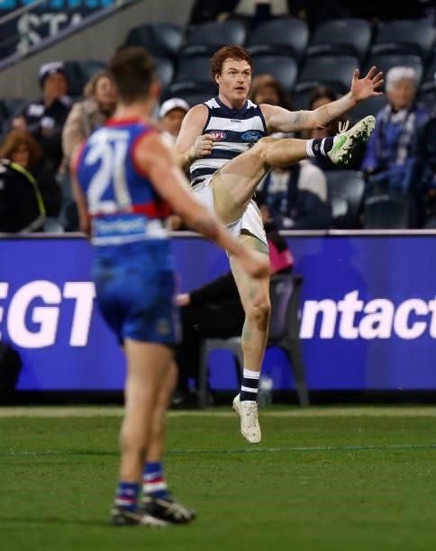 Gary Rohan of the Cats kicks a goal after the siren to win the match during the 2021 AFL Round 14 match between the Geelong Cats and the Western...